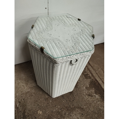 281 - Vintage Hexagonal Linen Basket with Glass Top. Approx. 53cm High