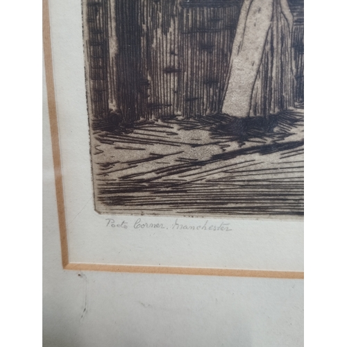 284 - Antique Framed Artist Signed and Titled Etching by Leonard Brewer 1910. Poets Corner, Manchester. Ap... 