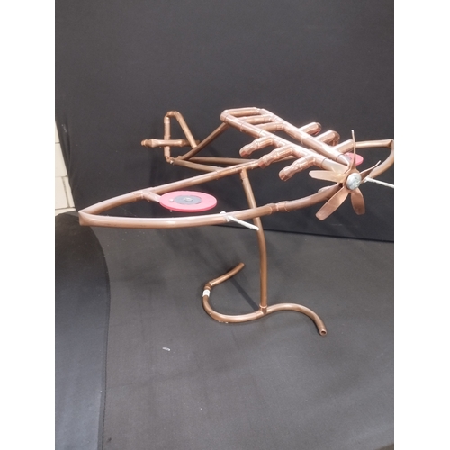 375 - Aeroplane Sculpture Made From 10mm Copper Pipe. Approx. 46cm Wing Span