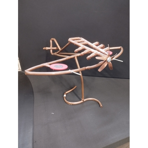 375 - Aeroplane Sculpture Made From 10mm Copper Pipe. Approx. 46cm Wing Span