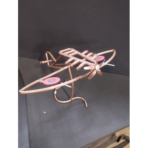 375 - Aeroplane Sculpture Made From 10mm Copper Pipe. Approx. 46cm Wing Span