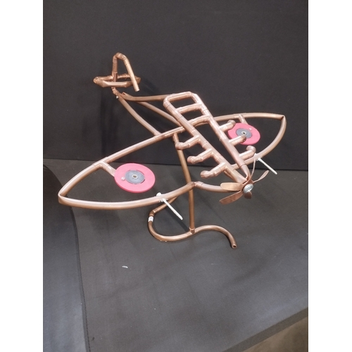 375 - Aeroplane Sculpture Made From 10mm Copper Pipe. Approx. 46cm Wing Span