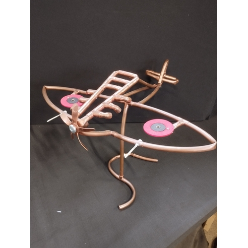 375 - Aeroplane Sculpture Made From 10mm Copper Pipe. Approx. 46cm Wing Span