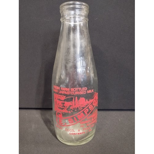 372 - Vintage Glass Milk Bottle. E. Simpson, Aspinalls Farm, Dinckley, Near Blackburn.