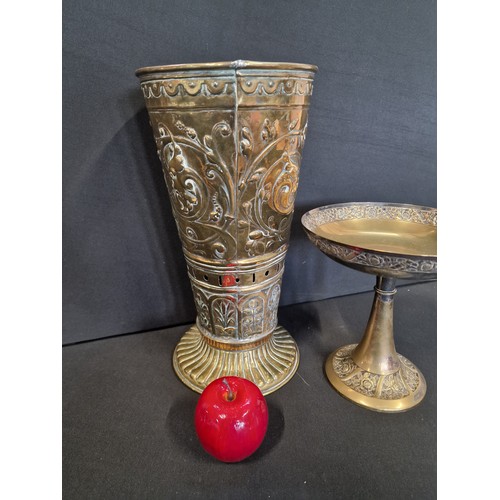 2 - A brass vase with a Compote Pedestal / dish