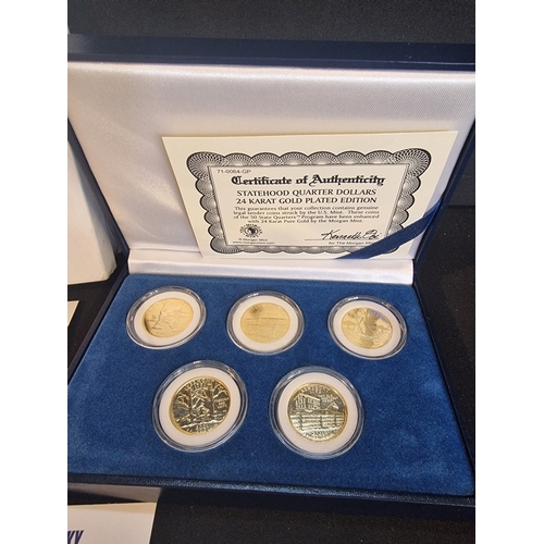 43 - Five boxed statehood quater dollars 24ct gold plated.  New York, North Carolina, Kentucky, Vermouth ... 