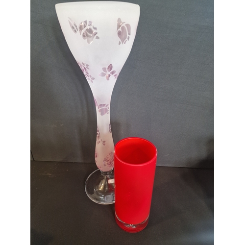 45 - A large Frosted and floral hand blown vase approximately 54cm H x 17cm D and Cylinder red and clear ... 