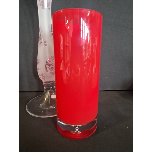 45 - A large Frosted and floral hand blown vase approximately 54cm H x 17cm D and Cylinder red and clear ... 