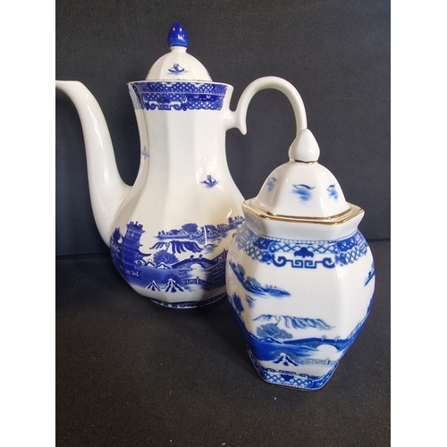 67 - Four pieces of Ringtons Pottery.  Includes Ginger jar, large willow pattern tea pot, and two differe... 