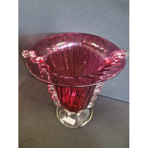 73 - Venetian style hand blown cranberry glass vase. 22cm H x 19cm W approximately