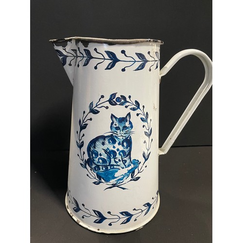 239 - Large Vintage Enameled Jug With Cat Decoration