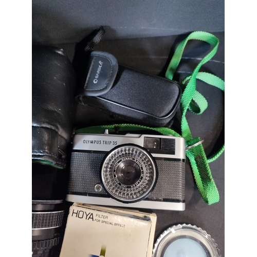 254 - Pentax Asahi and Olympus Trip 35 film cameras with 4 lenses and accessories along with a Fotima Carr... 