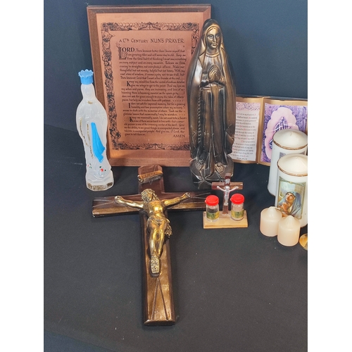 259 - Collection of religious items including ornaments, candles and a crucifix