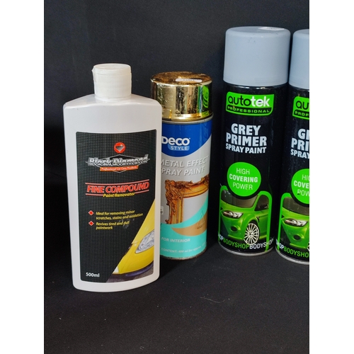 267 - Selection of spray paints, paint remover and paint renovator including grey primer autotek and Deco ... 