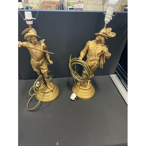 307 - Pair of Large Vintage Cast Spelter Gilt Cavalier Lamps