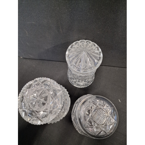 316 - Three cut glass cut glass lead crystal bom bom jars with lids.  Excellent condition