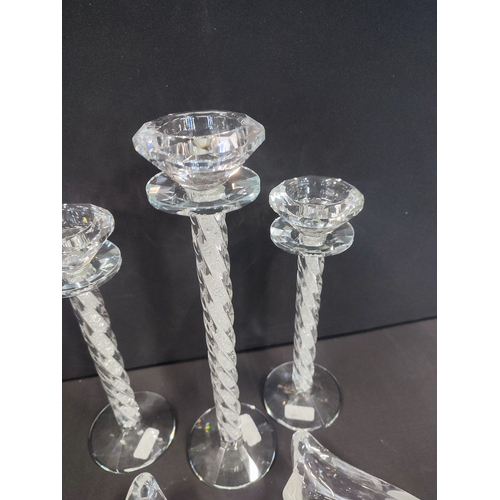 323 - Trio Glass Candy Twist Crystal Candle Sticks and pair of Shell Form Open Dishes