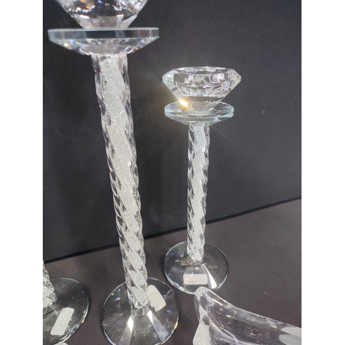 323 - Trio Glass Candy Twist Crystal Candle Sticks and pair of Shell Form Open Dishes