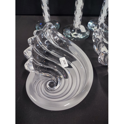 323 - Trio Glass Candy Twist Crystal Candle Sticks and pair of Shell Form Open Dishes