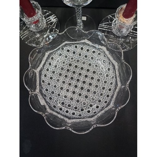 324 - Hobnail Pattern Glass Bowl with Pair of Squat cut glass candle sticks with candles and an air twist ... 