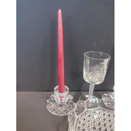 324 - Hobnail Pattern Glass Bowl with Pair of Squat cut glass candle sticks with candles and an air twist ... 