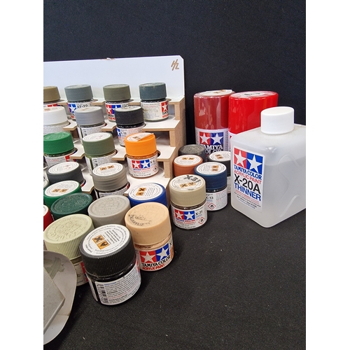 354 - A job lot of mixed colours of TAMIYA Colour acrylic paints.  Two spray paints and a X-20A thinner. A... 