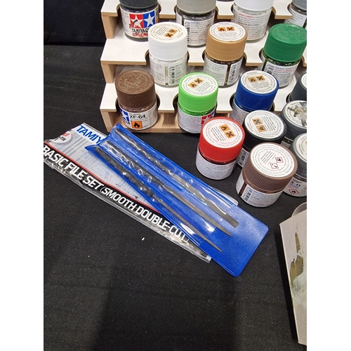 354 - A job lot of mixed colours of TAMIYA Colour acrylic paints.  Two spray paints and a X-20A thinner. A... 