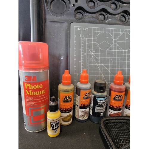 356 - A. Selection of AK interactive and Vallejo primers and surface primers with modeling tools and paint... 