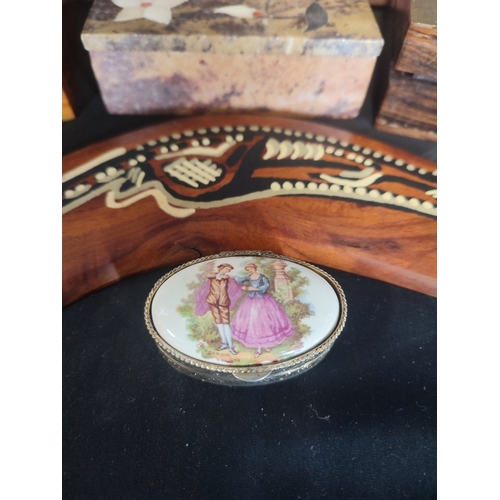 360 - Collection of trinket boxes, 2 wooden, 1 Indian Soapstone, 1 bone china and 1 metal. Together with a... 