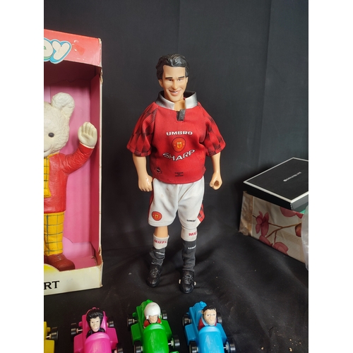 364 - 1960s Rupert the bear Bendy Rubber toy still in original box along with 2 1997 Manchester United Cor... 