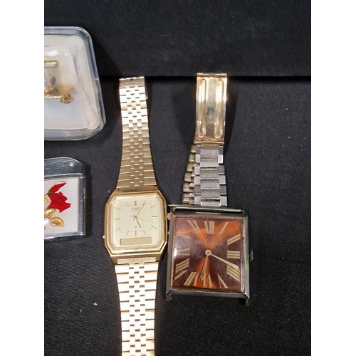 373 - A collection of mens Dress ware items.  Includes 24ct gold plated cuff links, watches, tie pins.