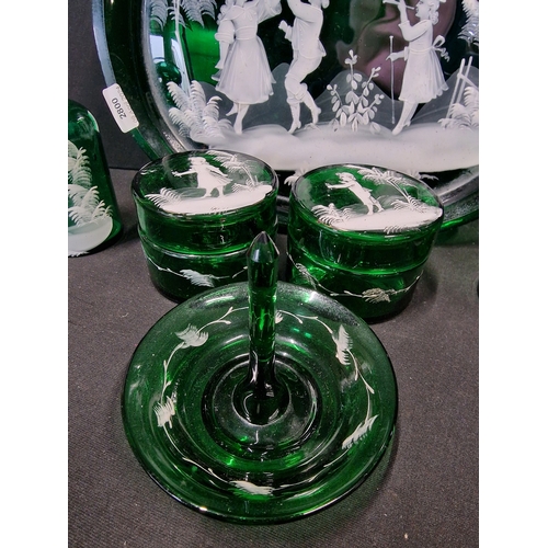 383 - Six pieces of Mary Gregory style bohemian emerald Green glass with white hand painted design.