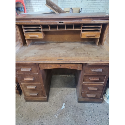 399 - Antique S Scroll roll top desk with 9 drawers