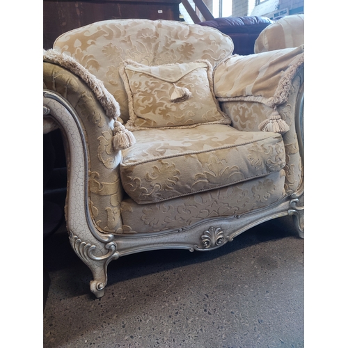 402 - 2 seater sofa with 2 matching chairs, great condition with throw cushions and arm protectors made wi... 