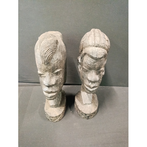 19 - 2 Africana heavy wooden heads measuring approx. 25cm