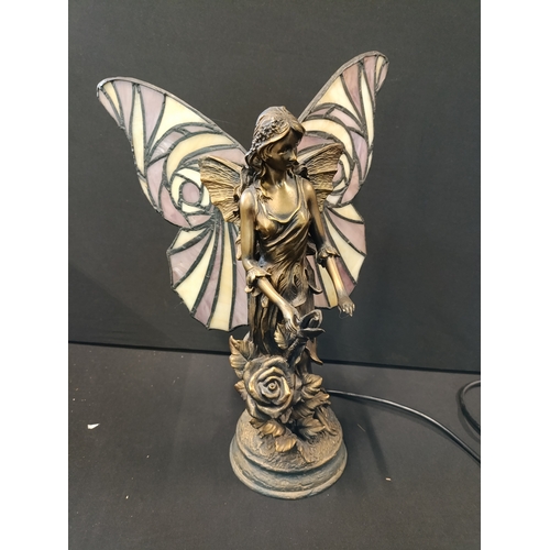 25 - Bronzed fairy lamp with stained glass wings approx. 37cm tall