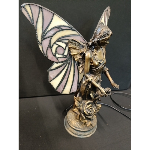 25 - Bronzed fairy lamp with stained glass wings approx. 37cm tall