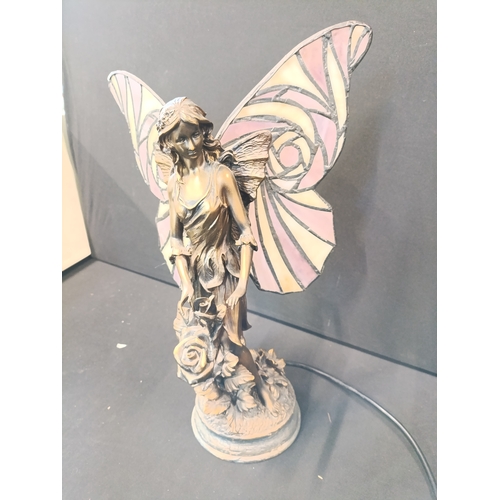 25 - Bronzed fairy lamp with stained glass wings approx. 37cm tall