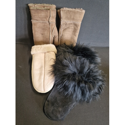 65 - Four pairs or suede leather ladies mittens. Various sizes in black and brown.