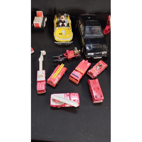 90 - Selection of matchbox and other makes fire engines, Disney Mikey mouse in car and Ford Sierra RS