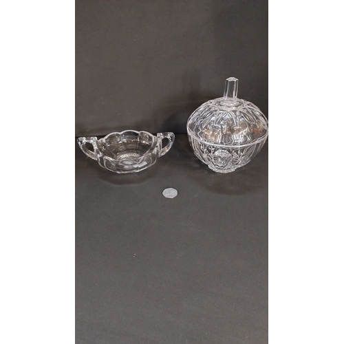 97 - Vintage Glass Bowl Dual Handle 7.5 inches wide,Glass Pumpkin Bon Bon Sweet Lidded Dish Crystal