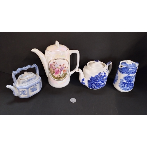 98 - 4 teapots, Antique George Jones & Sons 'Abbey 1790 England Make' Blue & White Hot Water Pot,1930's W... 