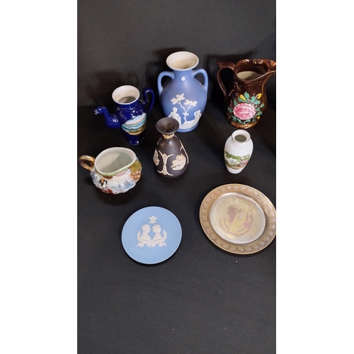 109 - Various items including small Wedgwood commemorative plate, lustreware jug, Black basalt Jasper ware... 