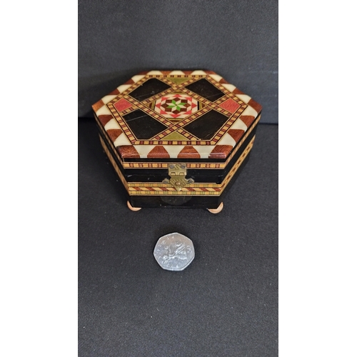 114 - Hexagon Marquetry Lacquered Mosaic Wood Inlay Jewelry Box with Mirror and ball feet, measures 12 x 6... 