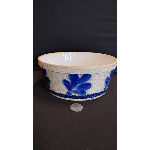120 - Stoneware dish blue leaf decoration measures 9 x 21 cm