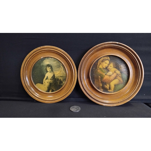 155 - Two small round pictures in wooden frames 17 x 17 cm and 16 x 16, one wooden inlaid lockable trinket... 