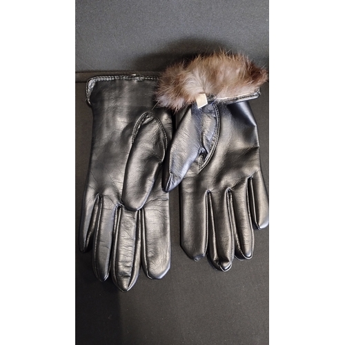 188 - 2 Pairs of leather gloves, one pair has rabbit fur lining, one pair is red leather, one pair fur edg... 