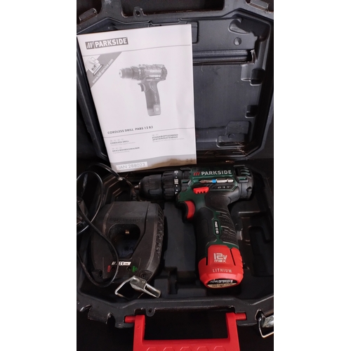 268 - Bosch tool box and contents, parkside cordless drill tested and working, socket screwdriver set and ... 