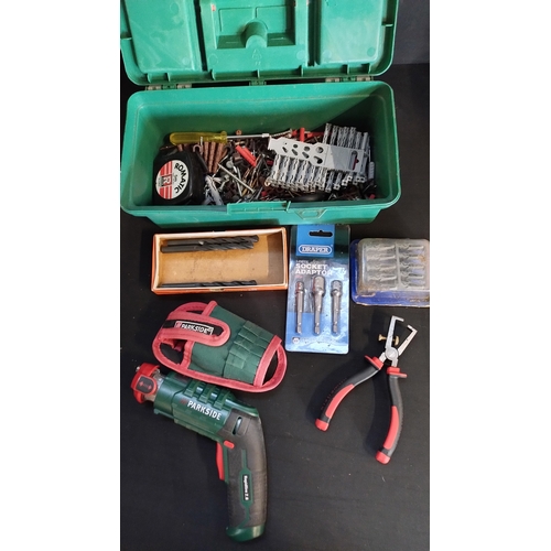 268 - Bosch tool box and contents, parkside cordless drill tested and working, socket screwdriver set and ... 