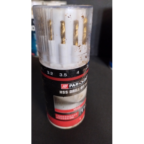 269 - 5  parkzone cans containing various drill bits. Wood, masonry, metal,